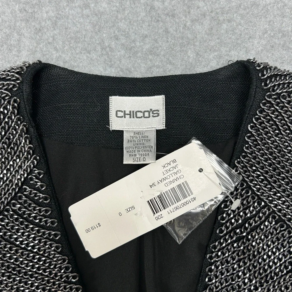 Chicos Chained Galloway 3/4 Jacket Black Linen Blend Silver Chain Size 0 / S NWT